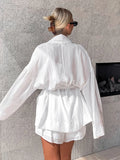DERMEARNE Marthaqiqi White Women Nightgown Suit Long Sleeve Robe Turn-Down Collar Bathrobe Lace Up Pajama Shorts Casual Ladies Nightie Set