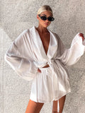 DERMEARNE Marthaqiqi White Women Nightgown Suit Long Sleeve Robe Turn-Down Collar Bathrobe Lace Up Pajama Shorts Casual Ladies Nightie Set
