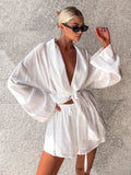 DERMEARNE Marthaqiqi White Women Nightgown Suit Long Sleeve Robe Turn-Down Collar Bathrobe Lace Up Pajama Shorts Casual Ladies Nightie Set