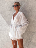 DERMEARNE Marthaqiqi White Women Nightgown Suit Long Sleeve Robe Turn-Down Collar Bathrobe Lace Up Pajama Shorts Casual Ladies Nightie Set