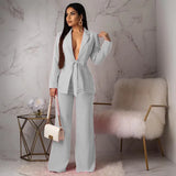 DERMEARNE Matching Sets Cardigan Outerwear Full Length Wide Leg Pant Sets Solid Two Pieces set Loose Pockets Office Lady 2024 Spliced