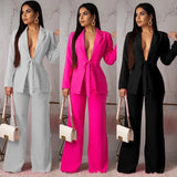 DERMEARNE Matching Sets Cardigan Outerwear Full Length Wide Leg Pant Sets Solid Two Pieces set Loose Pockets Office Lady 2024 Spliced