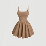 DERMEARNE Mia Muse Women's Dresses Summer Elegant Plain Sleeveless Square Neck A-Line Mini Sweet Dating Dress New Year Red Valentine Gift