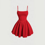 DERMEARNE Mia Muse Women's Dresses Summer Elegant Plain Sleeveless Square Neck A-Line Mini Sweet Dating Dress New Year Red Valentine Gift