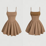 DERMEARNE Mia Muse Women's Dresses Summer Elegant Plain Sleeveless Square Neck A-Line Mini Sweet Dating Dress New Year Red Valentine Gift