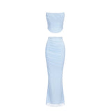 DERMEARNE Mingmingxi Elegant Maxi Wedding Guest Dress Set Sexy Strapless Blue Cropped Top Set Bodycon Holiday Party Dresses Women