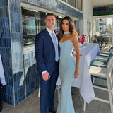 DERMEARNE Mingmingxi Elegant Maxi Wedding Guest Dress Set Sexy Strapless Blue Cropped Top Set Bodycon Holiday Party Dresses Women