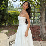 DERMEARNE Mingmingxi Summer Elegant Dresses for Women 2025 New Arrivals White Long Party Dresses Hollow Out Flare Female Clothing