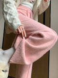 DERMEARNE Mink Fur Knitted Wide-leg Pants Autumn and Winter New Casual Pants Pocket Design Thickened Warm White Black Pink Women's Pants