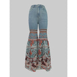 DERMEARNE Modigirl Womens Jeans Pants Autumn Winter Blue Vintage Floral Printed Bottoms with Pockets Woman High-Waisted Flared Pants