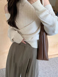 DERMEARNE Mori Girl Fashion Spliced Knitted Sweater Off Shoulder Simple O-Neck Long Sleeve Female Pullovers Chic Streetwear Preppy Style