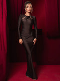 DERMEARNE Mozision Hollow Out Long Sleeve Sexy Maxi Dress For Women Gown Fashion Solid Bodycon Ruched Club Evening Elegant Long Dress