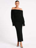 DERMEARNE Mozision Hollow Out Strapless Knit Sexy Maxi Dress For Women Off-shoulder Backless Long Sleeve Beach Holiday Long Dress