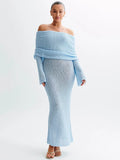 DERMEARNE Mozision Hollow Out Strapless Knit Sexy Maxi Dress For Women Off-shoulder Backless Long Sleeve Beach Holiday Long Dress