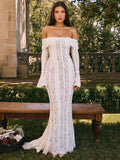 DERMEARNE Mozision Lace Off-shoulder Sexy Maxi Dress Women Strapless Backless Long Sleeve Bodycon Evening Club Party Long Dress Elegant