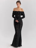 DERMEARNE Mozision Lace Off-shoulder Sexy Maxi Dress Women Strapless Backless Long Sleeve Bodycon Evening Club Party Long Dress Elegant
