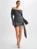 DERMEARNE Mozision Off-shoulder Knit Mini Dress For Women Autumn Winter New Strapless Backless Long Sleeve Ruched Draped Knitted Dress