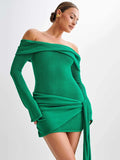 DERMEARNE Mozision Off-shoulder Knit Mini Dress For Women Autumn Winter New Strapless Backless Long Sleeve Ruched Draped Knitted Dress