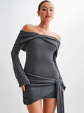 DERMEARNE Mozision Off-shoulder Knit Mini Dress For Women Autumn Winter New Strapless Backless Long Sleeve Ruched Draped Knitted Dress