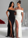 DERMEARNE Mozision Off-shoulder Ruffled Thigh High Split Maxi Dress For Women Slash Neck Backless Bodycon Sexy Party Evening Dress Elegant