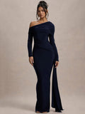 DERMEARNE Mozision Skew Collar Long Sleeve Sexy Maxi Dress For Women Gown Fashion Backless Draped Ruched Bodycon Club Long Dress Elegant