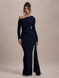 DERMEARNE Mozision Skew Collar Long Sleeve Sexy Maxi Dress For Women Gown Fashion Backless Draped Ruched Bodycon Club Long Dress Elegant