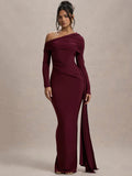 DERMEARNE Mozision Skew Collar Long Sleeve Sexy Maxi Dress For Women Gown Fashion Backless Draped Ruched Bodycon Club Long Dress Elegant