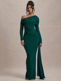 DERMEARNE Mozision Skew Collar Long Sleeve Sexy Maxi Dress For Women Gown Fashion Backless Draped Ruched Bodycon Club Long Dress Elegant