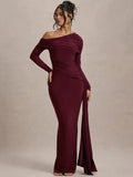 DERMEARNE Mozision Skew Collar Long Sleeve Sexy Maxi Dress For Women Gown Fashion Backless Draped Ruched Bodycon Club Long Dress Elegant