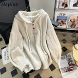 DERMEARNE Neploe Simple Lazy Loose Drawstring Hoodie Sweatshirt Women Autumn Winter New Knitted Tops Y2k Long Sleeve Sweaters Mujer