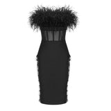 DERMEARNE New Arrival Black Color Women Sexy Strapless Feathers Lace Bodycon Mini Dress Rayon Bandage Nightclub Party Dress Vestido