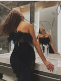 DERMEARNE New Arrival Black Color Women Sexy Strapless Feathers Lace Bodycon Mini Dress Rayon Bandage Nightclub Party Dress Vestido