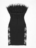 DERMEARNE New Arrival Black Color Women Sexy Strapless Feathers Lace Bodycon Mini Dress Rayon Bandage Nightclub Party Dress Vestido