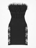 DERMEARNE New Arrival Black Color Women Sexy Strapless Feathers Lace Bodycon Mini Dress Rayon Bandage Nightclub Party Dress Vestido