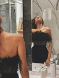 DERMEARNE New Arrival Black Color Women Sexy Strapless Feathers Lace Bodycon Mini Dress Rayon Bandage Nightclub Party Dress Vestido
