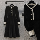 DERMEARNE New Autumn Winter High End Velvet Dress Women French Vintage Slim Lace Patchwork Elegant Dresses Hepburn Style Fashion Vestidos