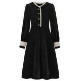 DERMEARNE New Autumn Winter High End Velvet Dress Women French Vintage Slim Lace Patchwork Elegant Dresses Hepburn Style Fashion Vestidos