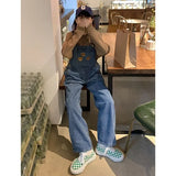 DERMEARNE New Cartoon Bear Denim Jumpsuits Women Y2K Baggy Overalls Female Vintage Loose Straight Wide-leg Jumpsuit One Piece Outfit