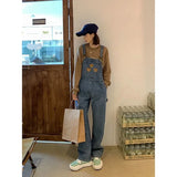 DERMEARNE New Cartoon Bear Denim Jumpsuits Women Y2K Baggy Overalls Female Vintage Loose Straight Wide-leg Jumpsuit One Piece Outfit