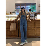 DERMEARNE New Cartoon Bear Denim Jumpsuits Women Y2K Baggy Overalls Female Vintage Loose Straight Wide-leg Jumpsuit One Piece Outfit