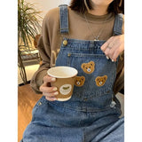 DERMEARNE New Cartoon Bear Denim Jumpsuits Women Y2K Baggy Overalls Female Vintage Loose Straight Wide-leg Jumpsuit One Piece Outfit