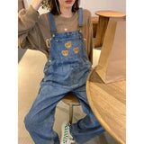 DERMEARNE New Cartoon Bear Denim Jumpsuits Women Y2K Baggy Overalls Female Vintage Loose Straight Wide-leg Jumpsuit One Piece Outfit