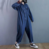 DERMEARNE New Fashion Denim Jumpsuit Suit Women Blue Denim Long Sleeve Playsuits High Waist Large Size Tops Casual One Piece Outfit Women