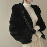 DERMEARNE New Fashion Hooded Plush Thick Section Wool Jacket Women's Fall and Winter Padded Thickened Zipper Warm Short Coat Cute