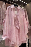 DERMEARNE New In Sets Hot Drilling Long Sleeve Shirts Blouses for Women 2025 Summer Thin Casual Shorts Two Piece Pink Sets Womens Outifits