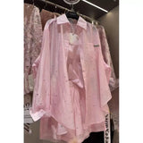 DERMEARNE New In Sets Hot Drilling Long Sleeve Shirts Blouses for Women 2025 Summer Thin Casual Shorts Two Piece Pink Sets Womens Outifits