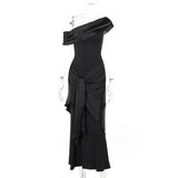 Dermearne New Party Evening Dresses Elegant Black Slash Neck Maxi Dress For Women Fashion Short Sleeve Bodycon Banquet Vestidos Female