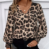 DERMEARNE New Shirts Women's Commuting Casual Loose Lantern Sleeve Printing V-neck Blouse For Lady Clothing In 2025 Spring Pullover Tops