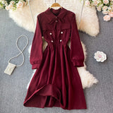 DERMEARNE New Spring Autunmn Long Sleeve Corduroy Dress Women Sweet Tie Bow Patchwork Shirt Dresses Female A Line  Large Hem Long Vestidos