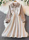 DERMEARNE New Spring Autunmn Long Sleeve Corduroy Dress Women Sweet Tie Bow Patchwork Shirt Dresses Female A Line  Large Hem Long Vestidos